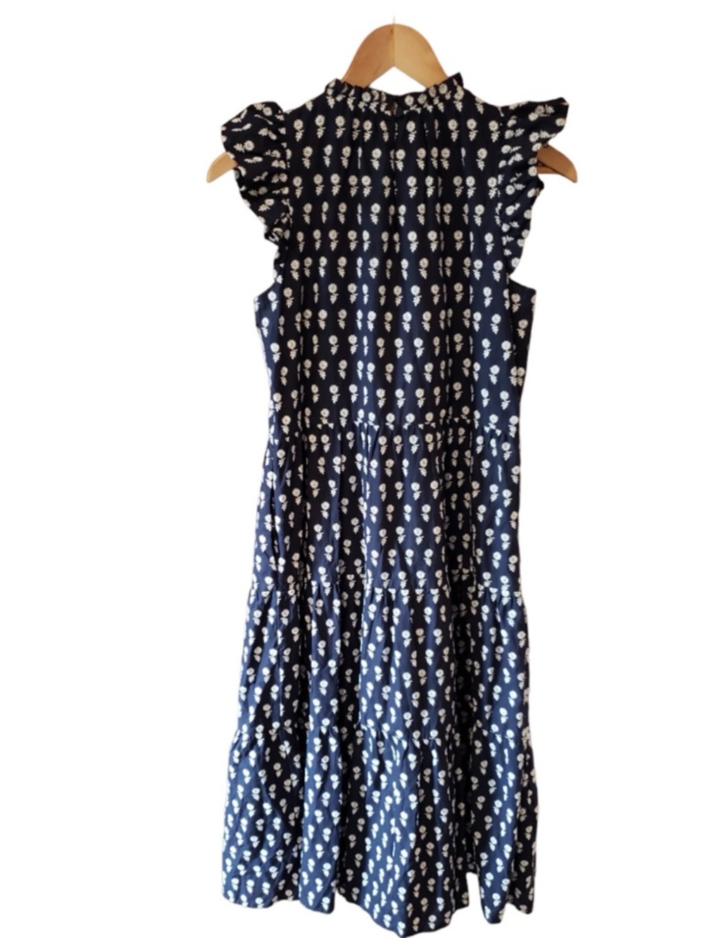 JCREW Navy and White Floral Midi Dress with Ruffle Sleeves